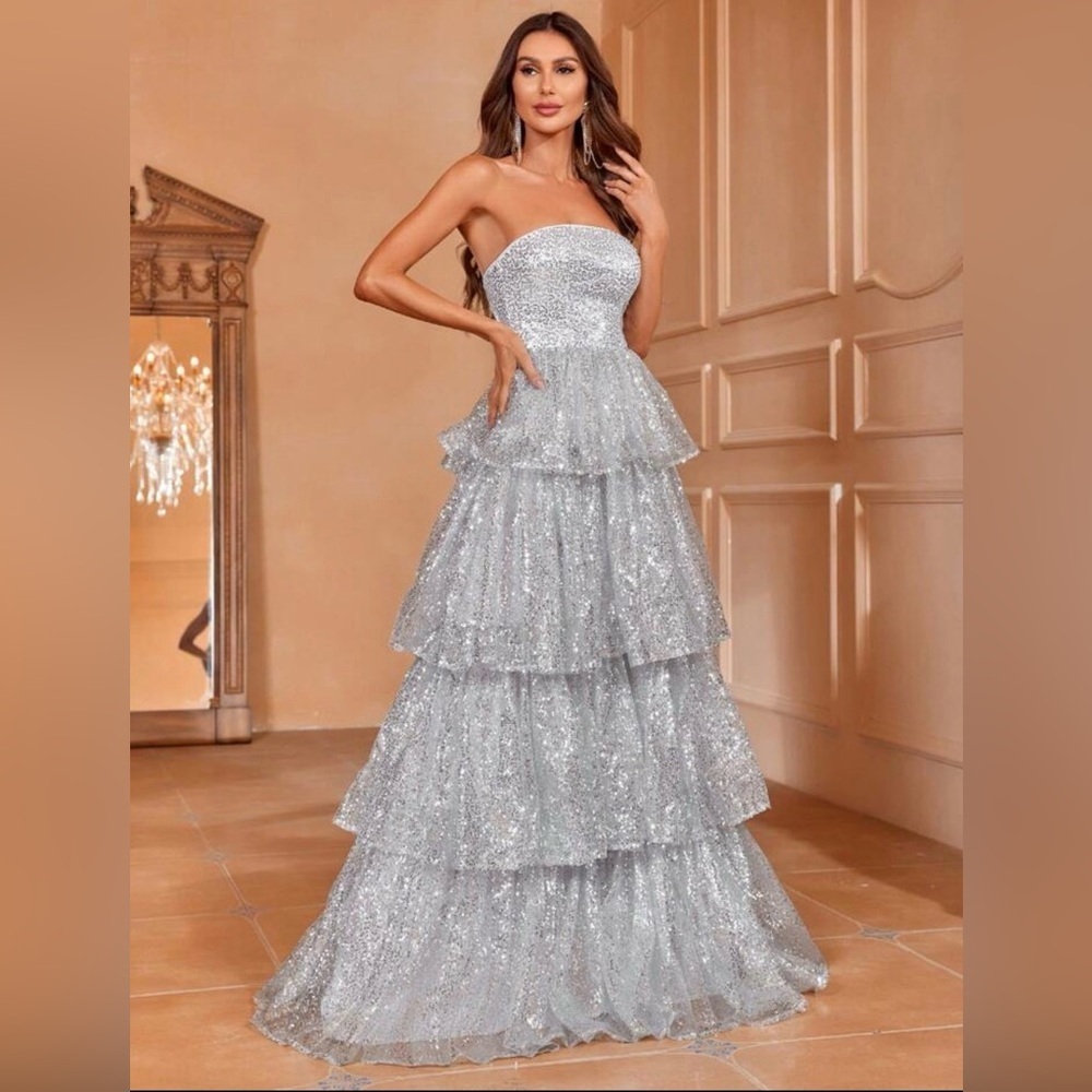 SHEIN Faeriesty Silver Sequin Strapless Layered Tiered Evening Formal Gown- XS